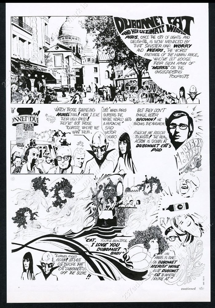 1968 Dubonnet psychedelic comic art wine ad in Steranko-style illustration