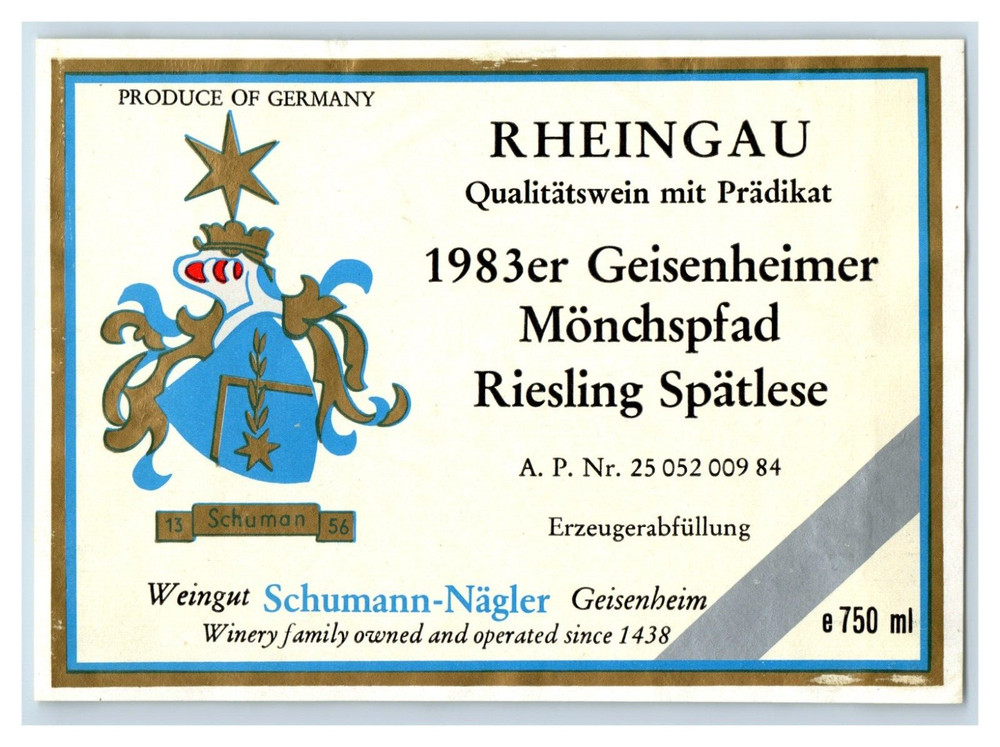 1983 Geisenheimer Monchspfad Riesling Rheungau German Wine Label Original S9