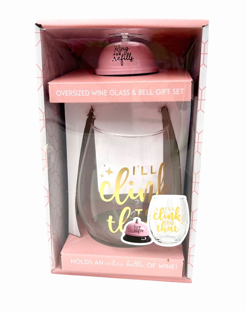 NIB OVERSIZED 30 OZ WINE GLASS & PINK RING BELL CLINK TO THAT WINE GIFT SET