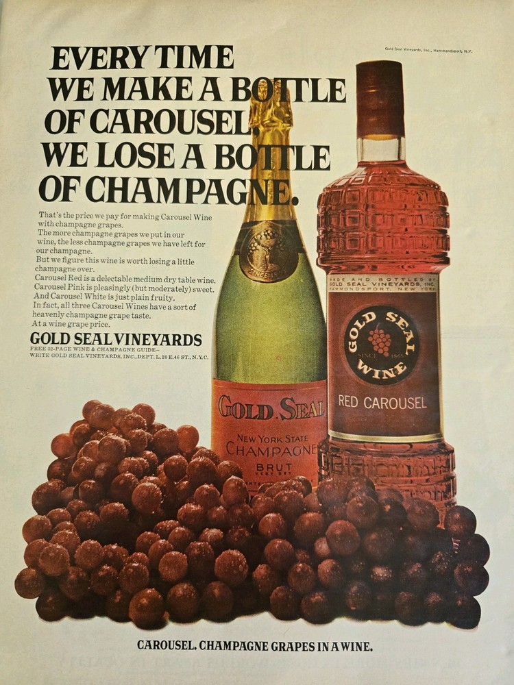 1967 Gold Seal Champagne Brut Red Carousel wine bottles Grapes ad