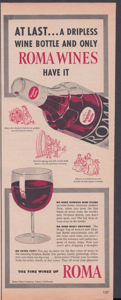 1954 Print Ad Roma Wine Fresno California CA Dripless Wine Bottle