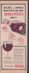 1954 Print Ad Roma Wine Fresno California CA Dripless Wine Bottle