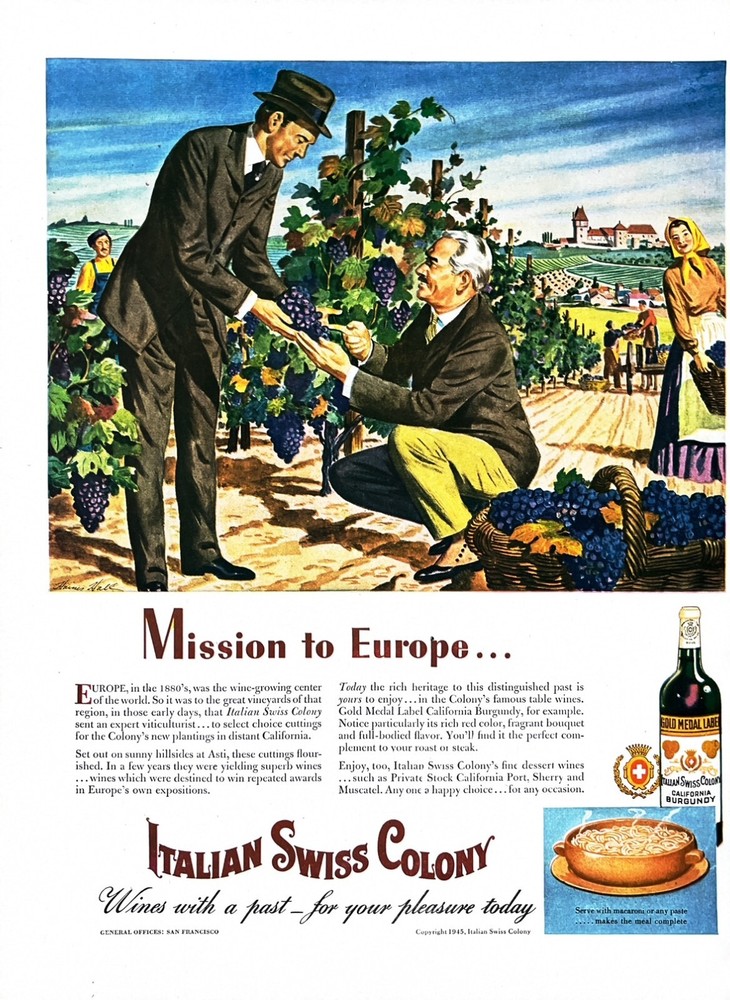 1945 CALIFORNIA WINE Original Large Vintage Print Ad Italian Swiss Colony Europe