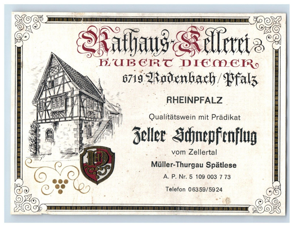1960&rsquo;s-80&rsquo;s Rathus Kellerei Hupert Diemer German Wine Label S72E