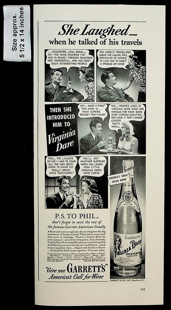 1941 Garrett&rsquo;s Virginia Dare American White Wine Drink Vintage Print Ad 40055