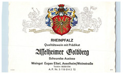 1970&rsquo;s-80&rsquo;s Rheinpfalz Ullelheimer Goldberg German Wine Label Original S29E