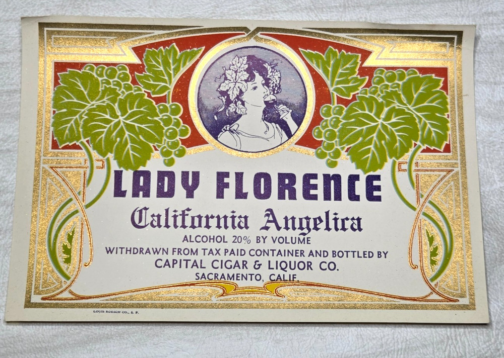 Vintage 1940s Lady Florence Angelica Wine Label Capital Cigar Liquor Sacramento