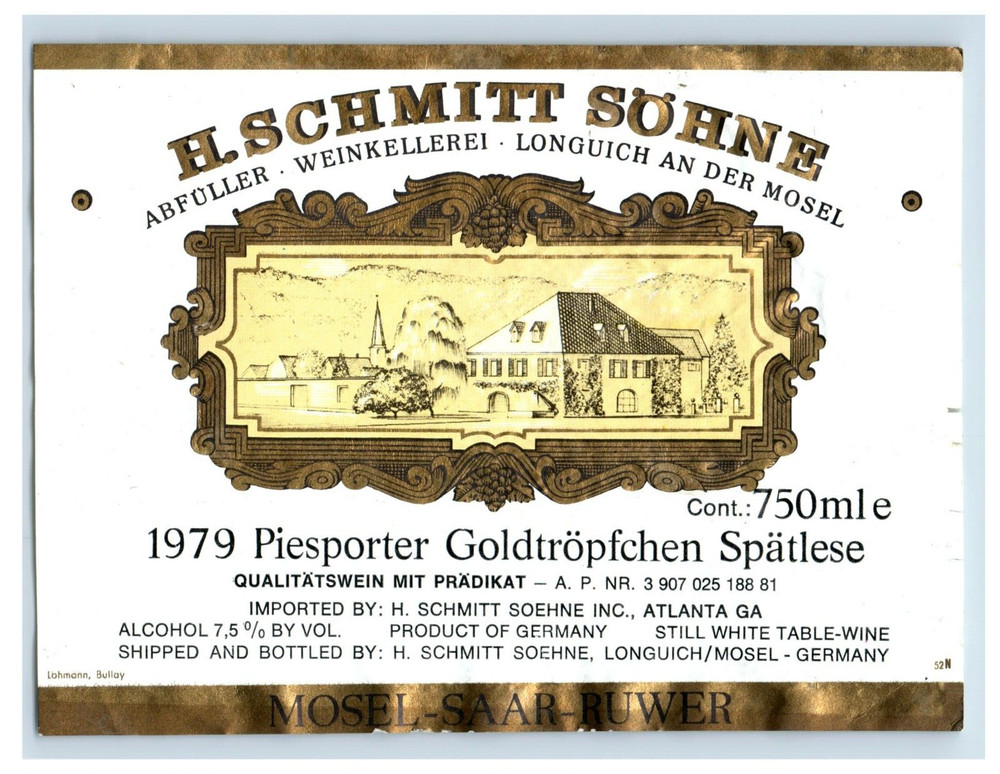 1979 Piesporter Goldtropfchen Spatlese Wine Label Vintage Original S6E