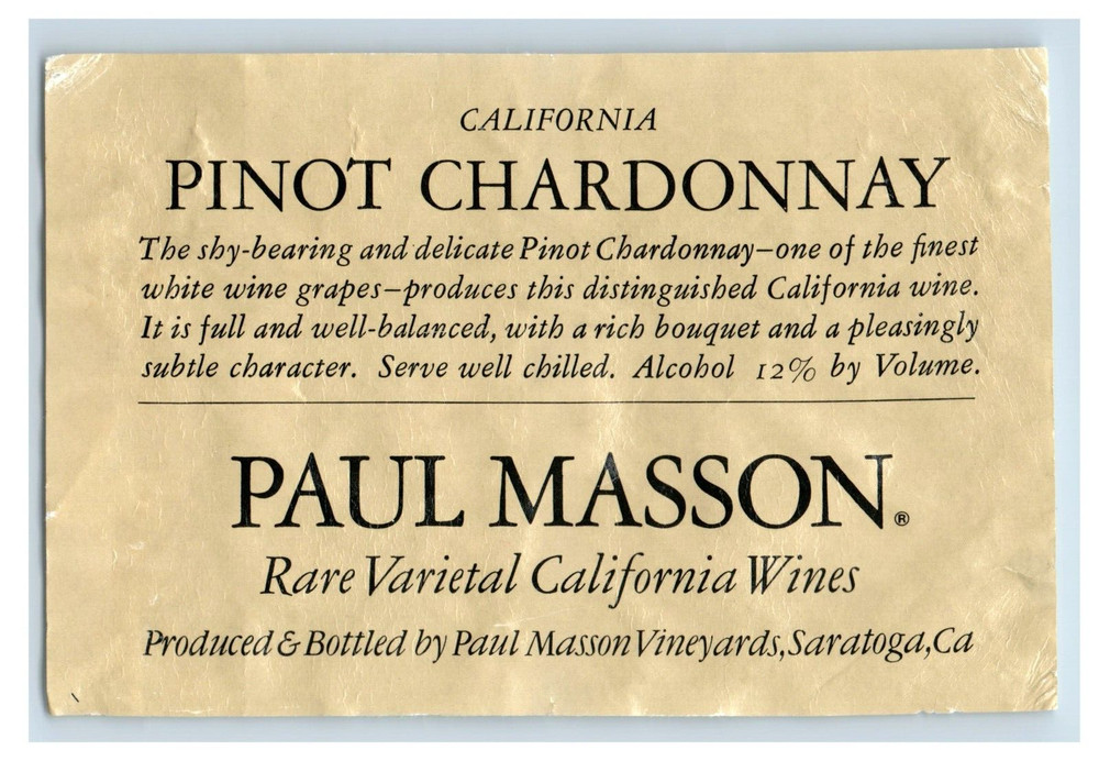 Vintage Pinot Chardonnay Paul Masson Paper Wine Label Original S85E