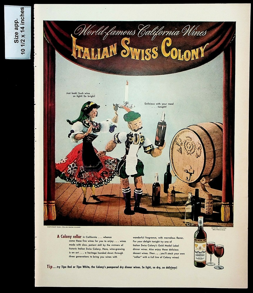 1947 Italian Swiss Colony California Wines Cellar Puppets Vintage Print Ad 29734