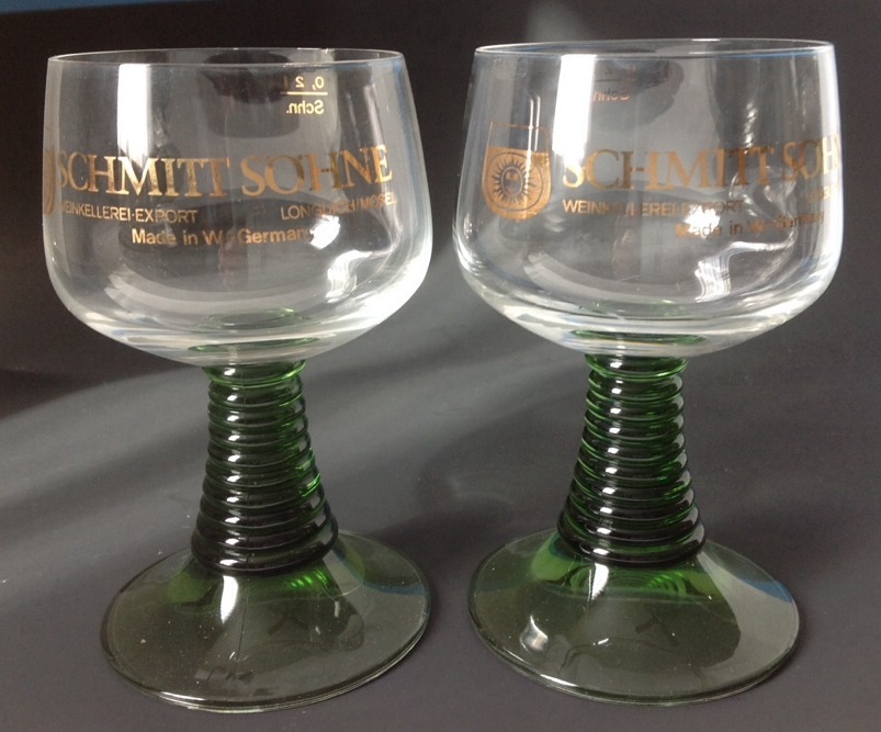 2 Vintage Schmitt Sohne Wine Goblet Cordial Glasses Clear Green Stem West German