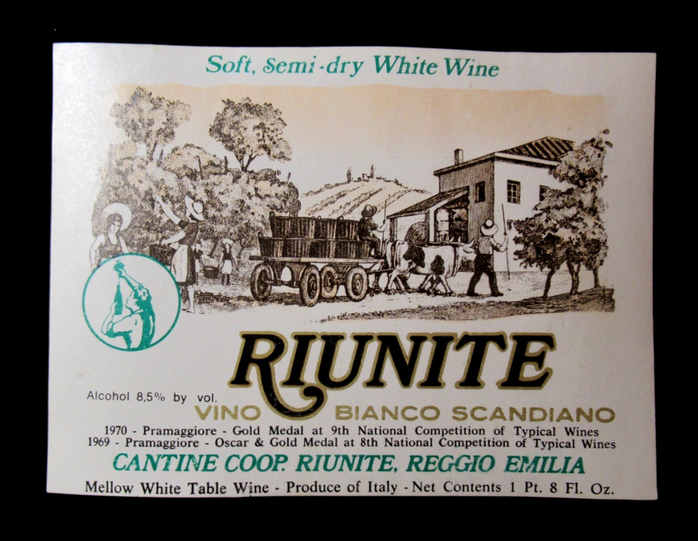Original Vintage Wine Label Riunite Bianko Scandiano Italy