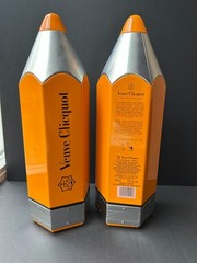 TWO VEUVE CLICQUOT CHAMPAGNE PENCIL ORANGE METAL TIN CARRIER / CHAMPAGNE / BAR