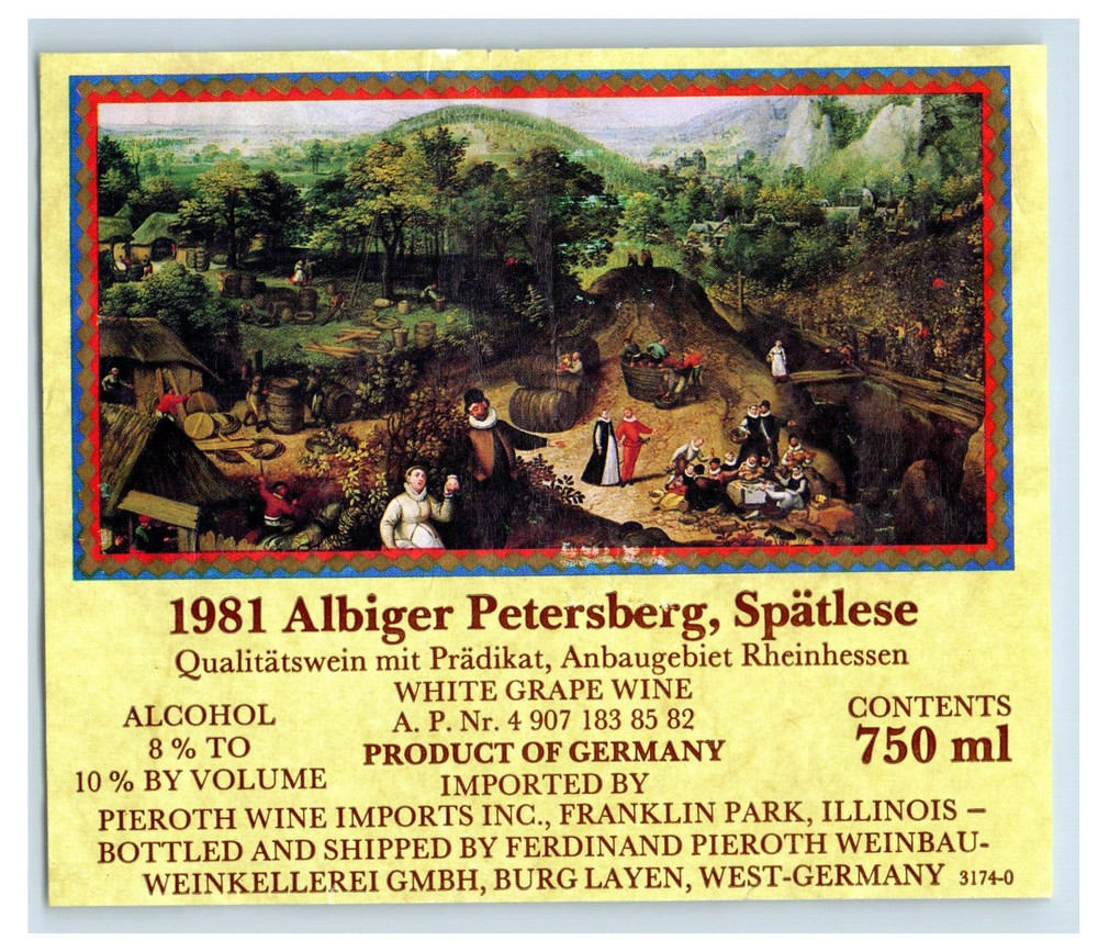 1960&rsquo;s-80&rsquo;s Albinger Petersberg Spatlese Qualitatswein German Wine Label S72E
