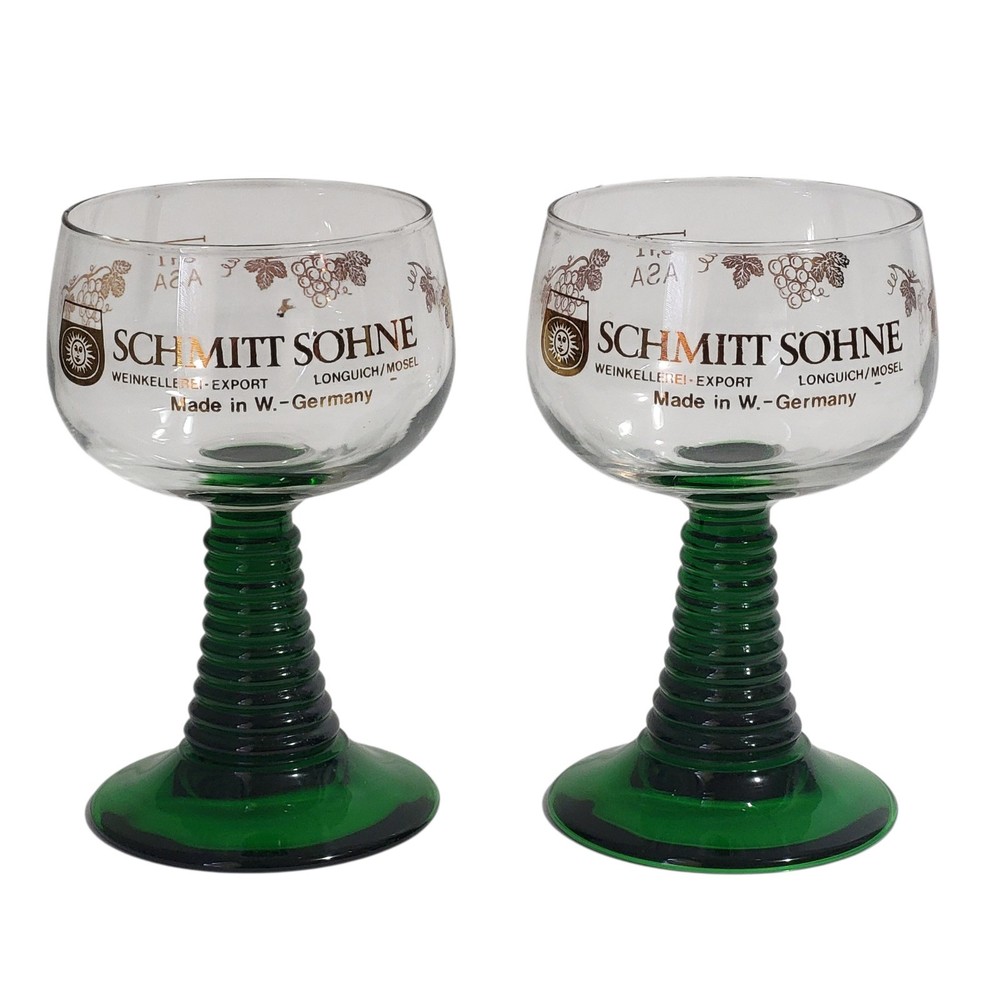 Set 2 Schmitt Sohne Wine Cordial Glasses Goblets Green Ribbed Stem W. Germany
