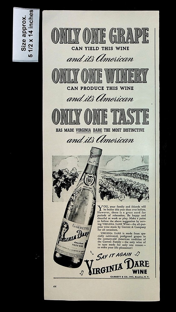 1943 Garrett&rsquo;s Virginia Dare American White Wine Grape Vintage Print Ad 32931