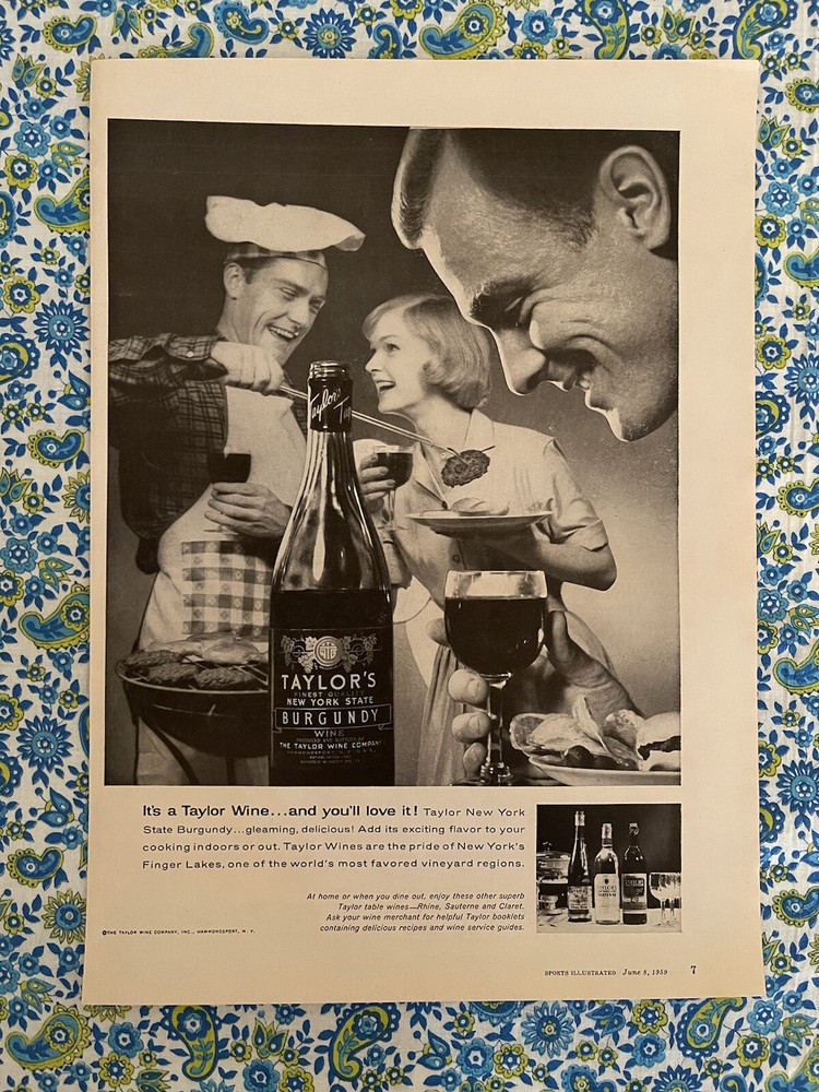 Vintage 1969 Taylor’s New York State Wine Print Ad Burgundy