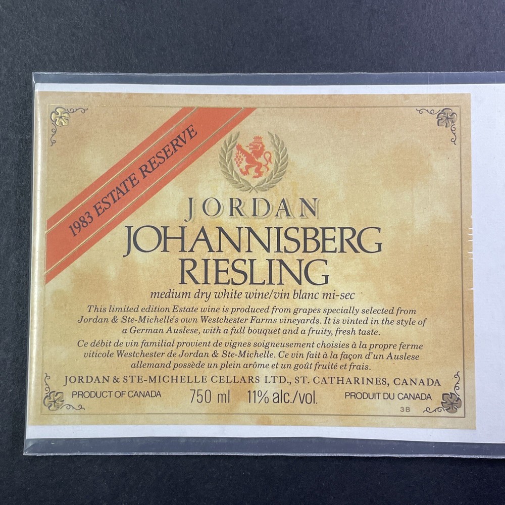 Vintage 1983 Jordan Johannesberg Riesling UNUSED Paper Label Ontario VQA Q2175