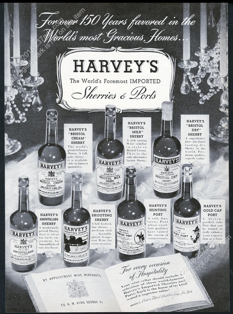 1952 Harvey&rsquo;s Bristol Cream Milk Sherry Port 7 varieties bottle photo print ad