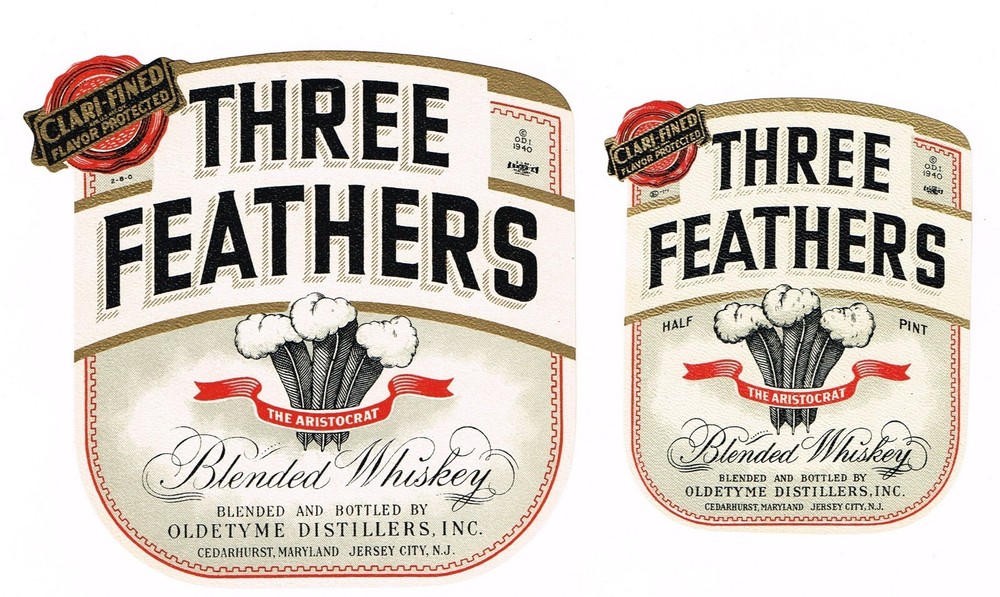 2 C1940 WHISKEY BOTTLE LABELS THREE FEATHERS LIMESTONE SPRINGS KENTUCKY MD NJ