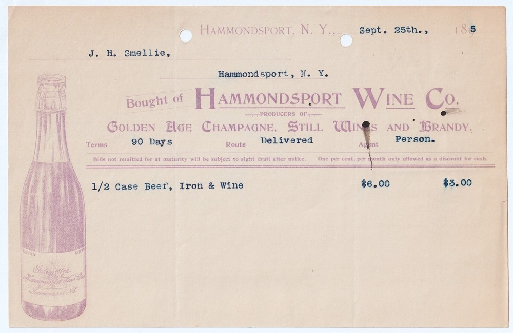 Wine Advertising 1895 Hammondsport NY – Billhead Litho Bottle Sold to Mr Smellie