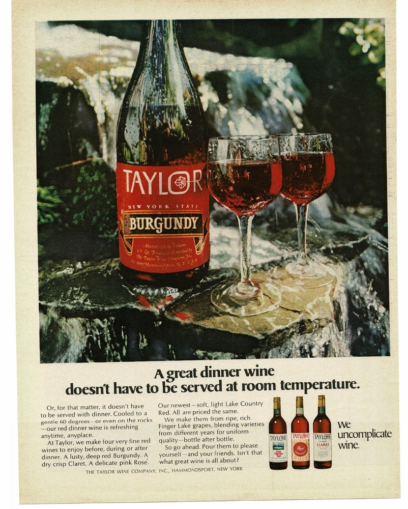 1969 Taylor Burgundy Wine Vintage Print Ad waterfall outdoor glasses red wine