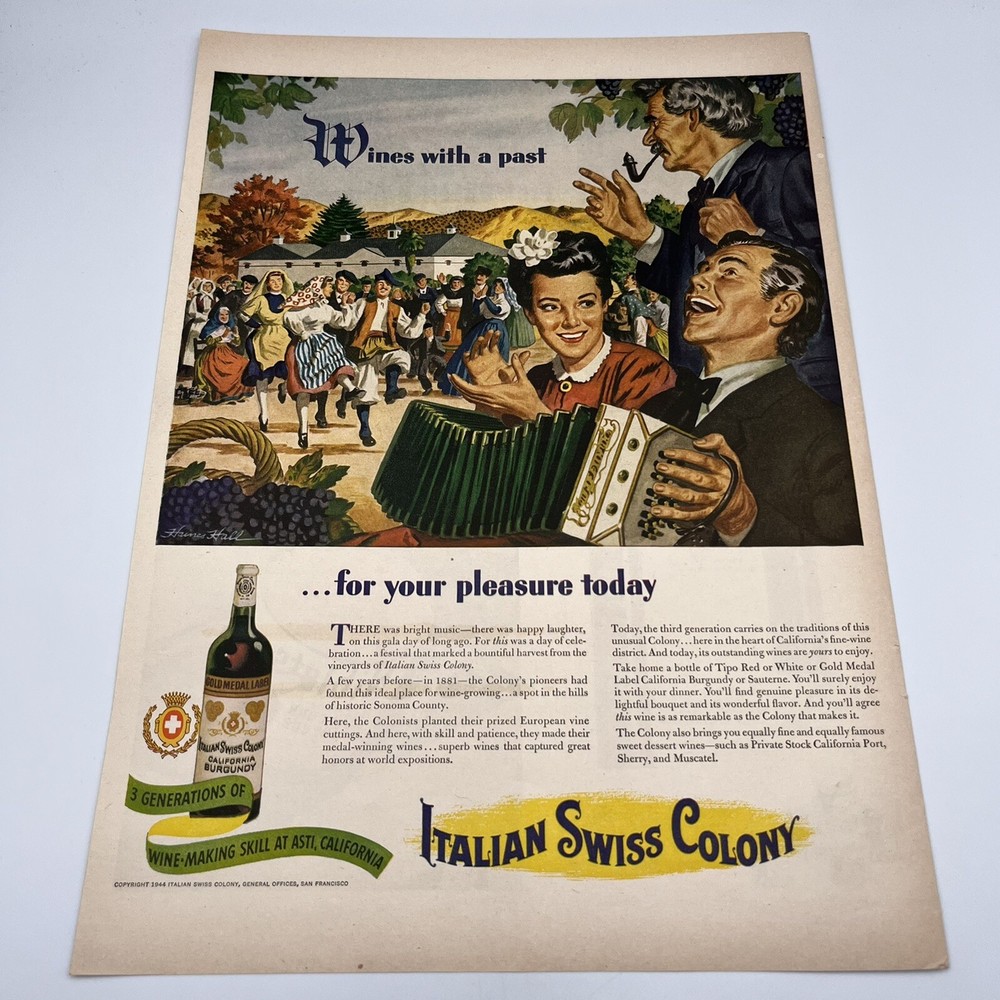 1944 Italian Swiss Colony Wines Vintage Print Ad 10&Prime;x14&Prime; Asti California bar art