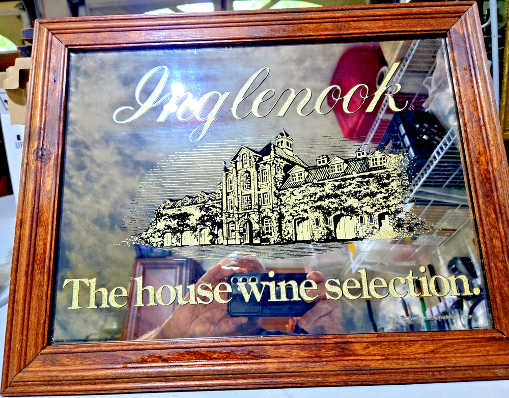 Vtg INGLENOOK Winery 1986 Wooden Framed Smoky Glass Mirror Bar Wall Sign 19X15”