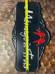 Ménage à Trois Black Metal Barware Sign with Playful Red Twin Dancers Logo