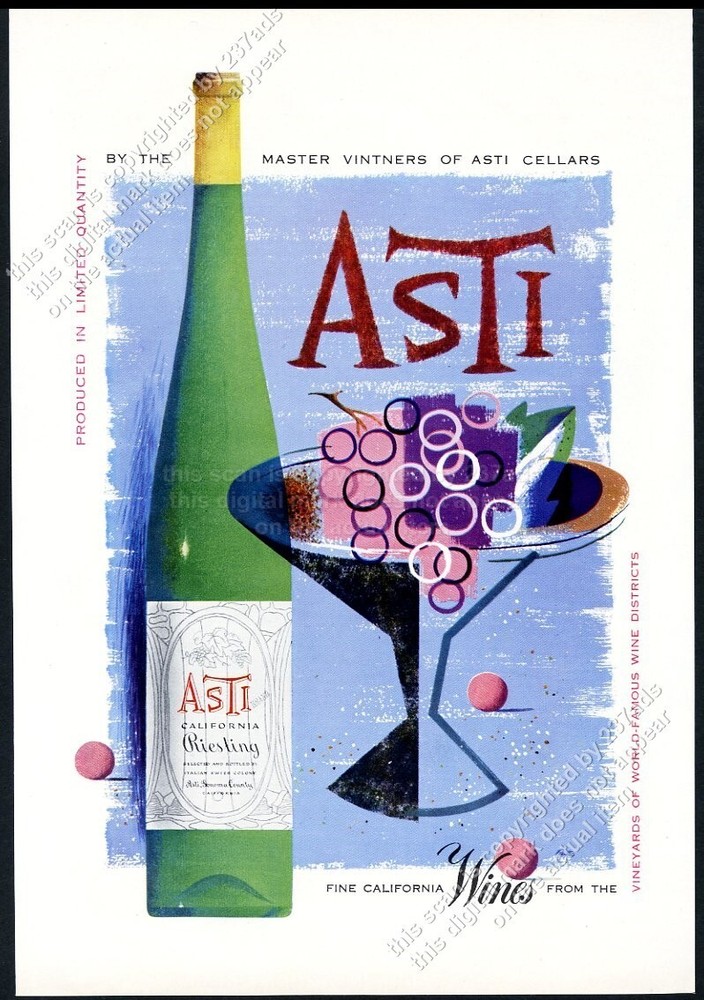 1952 Asti Riesling Calfornia wine tall thin bottle modern art vintage print ad