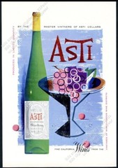 1952 Asti Riesling Calfornia wine tall thin bottle modern art vintage print ad