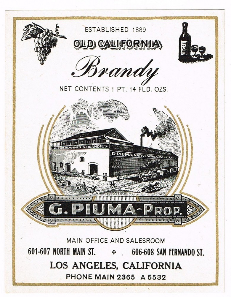 C1900 RARE PRE PROHIBITION ALCOHOL BOTTLE LABEL LOS ANGELES PIUMA WINE BRANDY