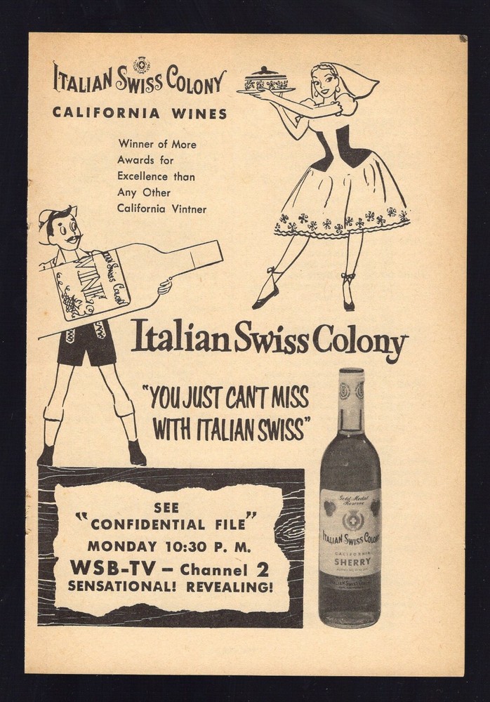 1955 PRINT AD~ITALIAN SWISS COLONY CALIFORNIA WINES Award Winning Vintner