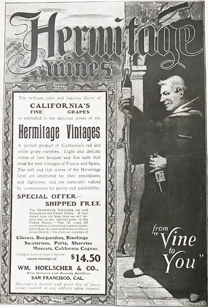 1903 HERMITAGE WINES Monk w/Bottles Vtg Art Print Ad~Wm. Hoelscher Distillers,CA
