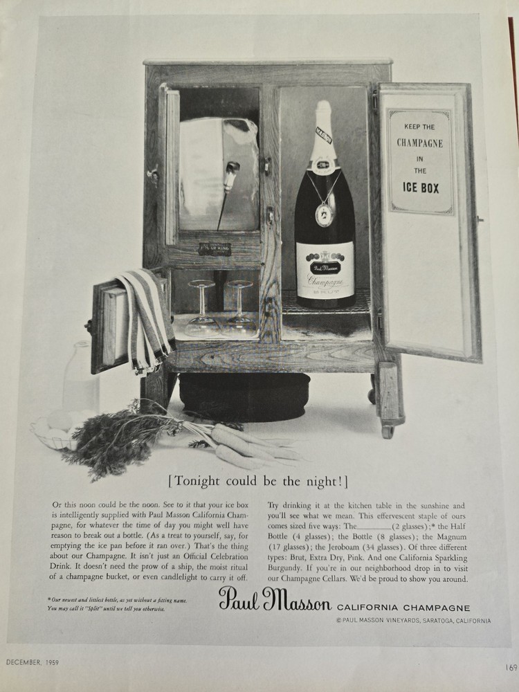 1959 Paul Masson pink Champagne Bottle in the ice box Tonight The Night ad