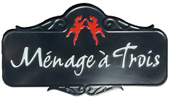 Ménage à Trois Black Metal Barware Sign with Playful Red Twin Dancers Logo