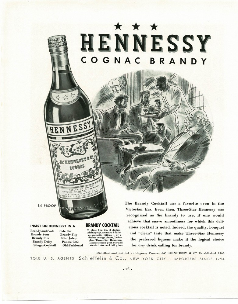 1937 Hennessy Cognac Brandy Cocktail Recipe Men Bar Art Vintage Print Ad