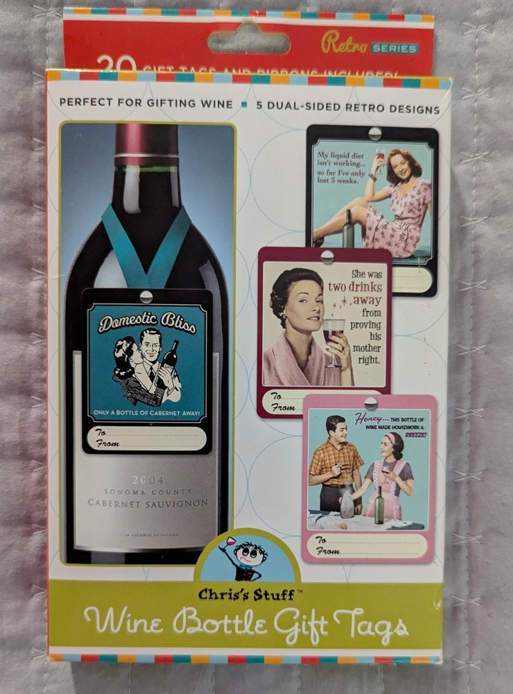 RETRO Funny Wine Bottle Labels Gift Tags and Ribbons 5 Dual Sided Retro Designs