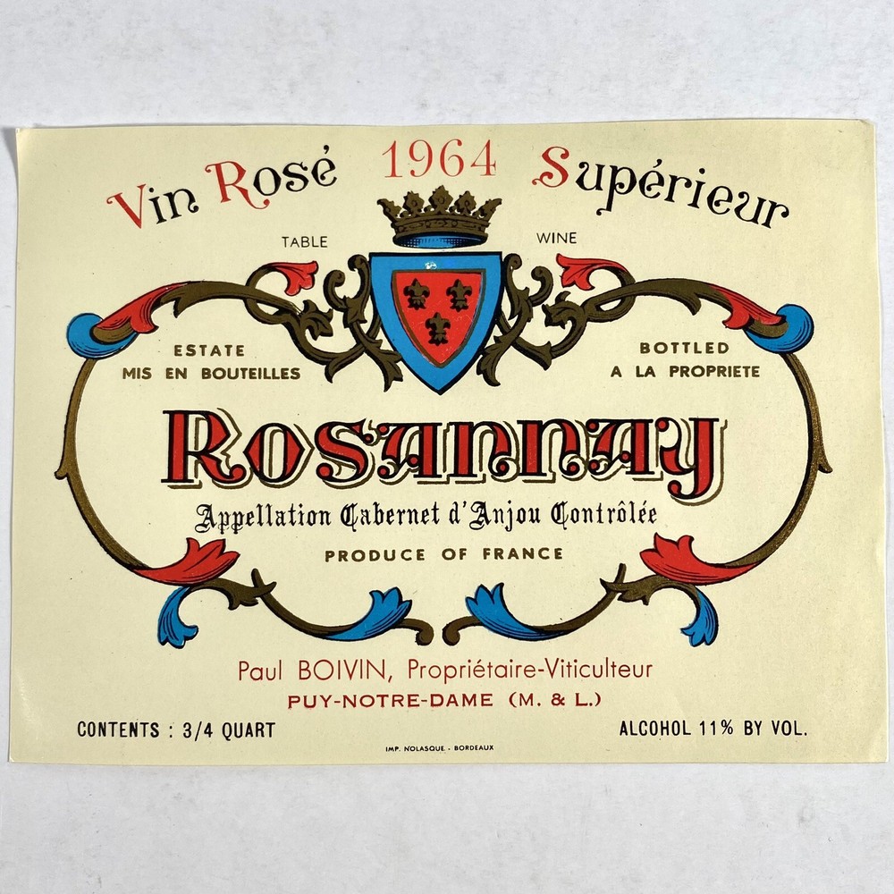 Vin Rose Vintage 1964 Superieur Rosannay Paul Boivin France Table Wine Label
