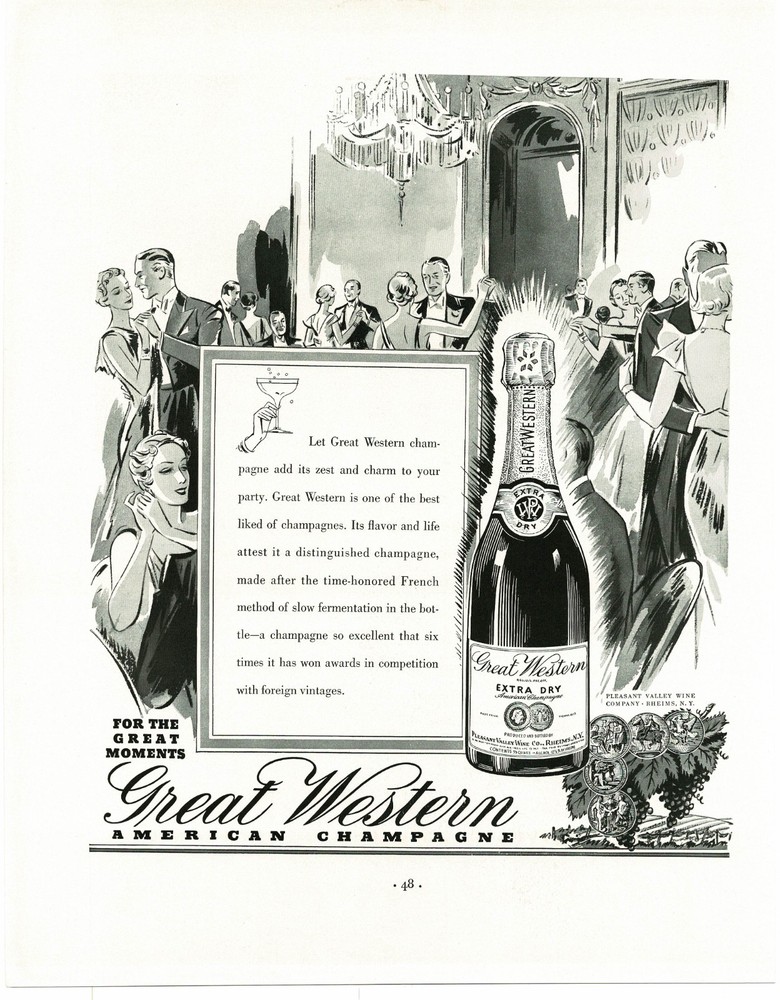 1937 Great Western Champagne Extra Dry Party Illustration Art Vintage Print Ad