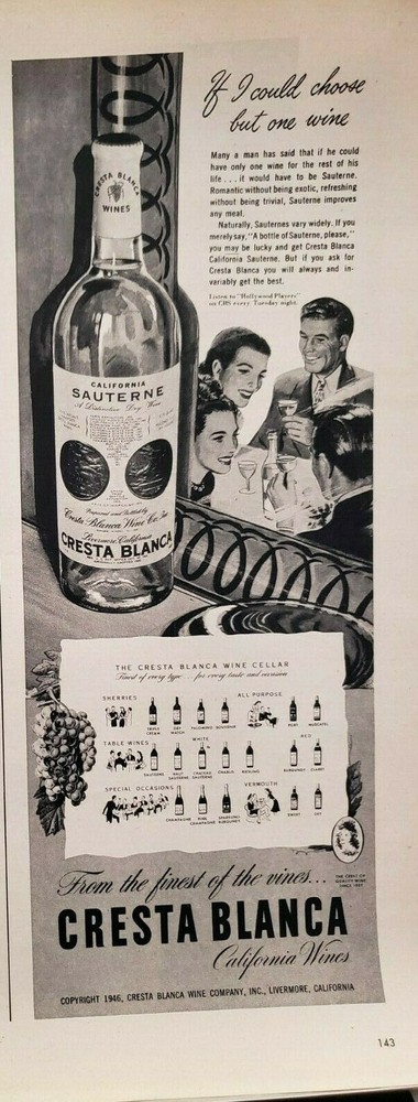 Cresta Blanca Wines Vintage 1946 Print Ad Ephemera Wall Art Decor Lot of 2