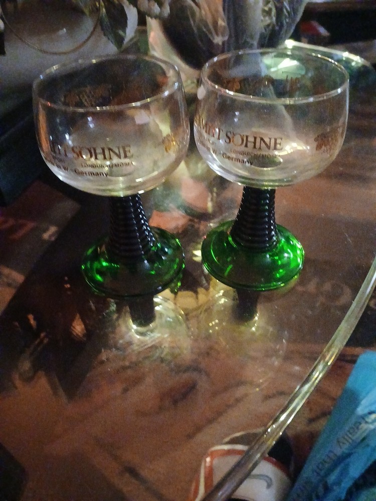 2 Vintage Schmitt Sohne Wine Goblet Cordial Glasses Clear Green Stem West German