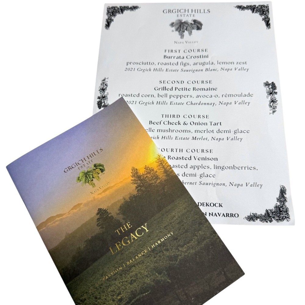 Grgich Hills Winery Brochure and Wine Pairing 4 Course Dinner Menu Napa Valley