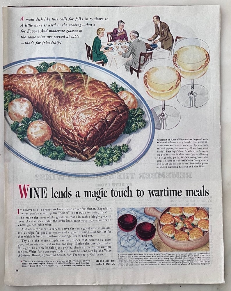 1944 magazine ad for California Wines – Wine lends magic to wartime meal, WW2 ad