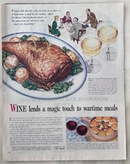 1944 magazine ad for California Wines – Wine lends magic to wartime meal, WW2 ad