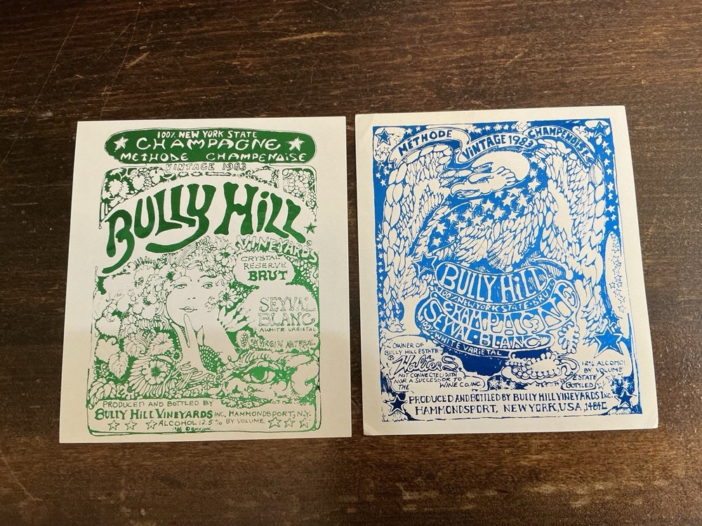 Vintage Bully Hill Vineyards Wine Labels 1983 Champagne Seyval Blanc Art Pair NY