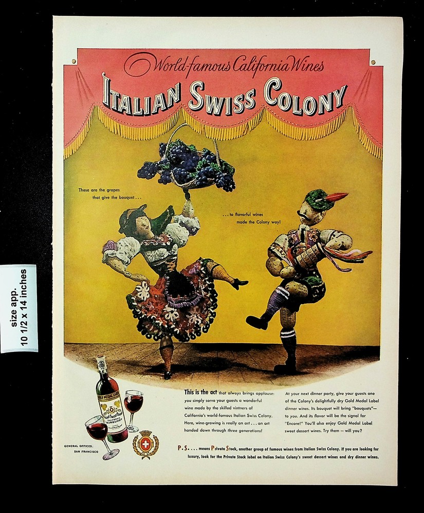 1946 Italian Swiss Colony California Wines Puppet Vintage Print Ad 25881