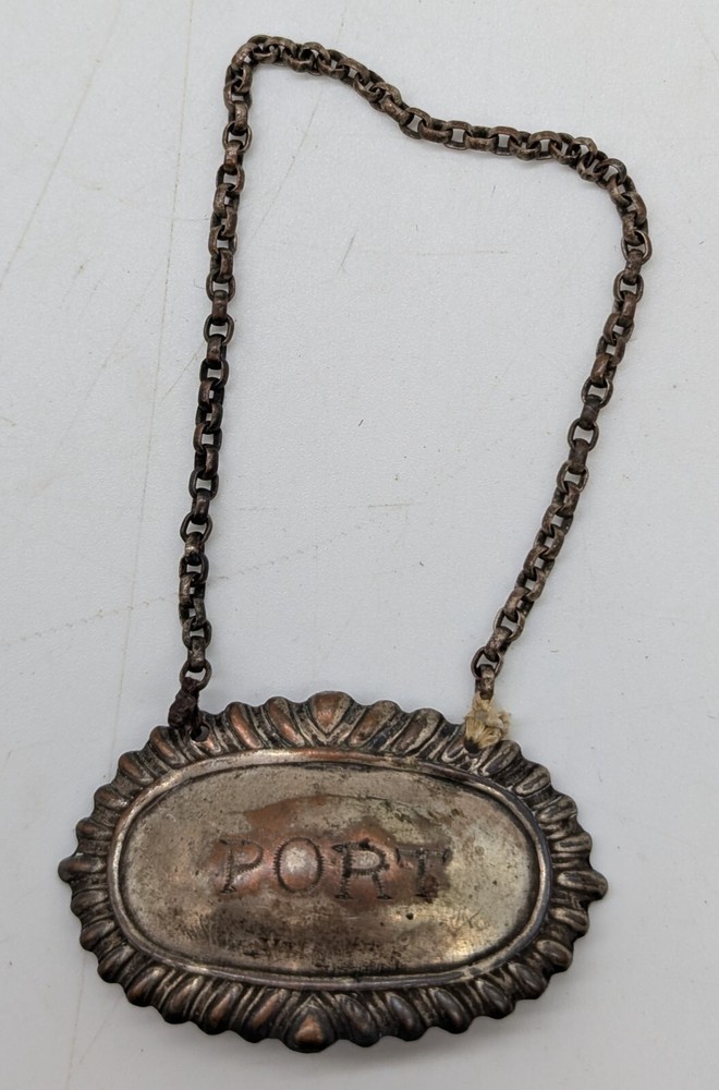 Vtg Port Wine SIlver-Plated Bottle Tag w/ Chain