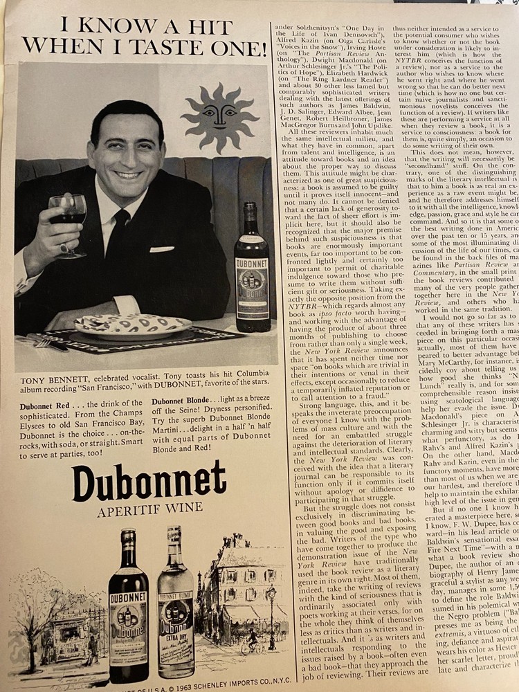 Tony Bennett, Dubonnet Aperitif Wine, Vintage Large Format Ad