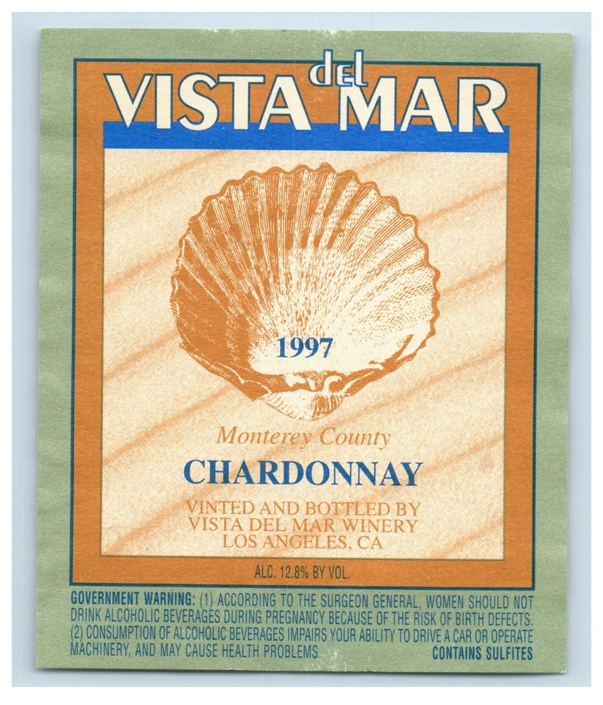 1970&rsquo;s-80&rsquo;s Vista Del Mar Chardonnay Californian Wine Label Original S51E